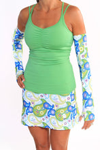 clover strappy tank white paisley skirt and arm sleeves