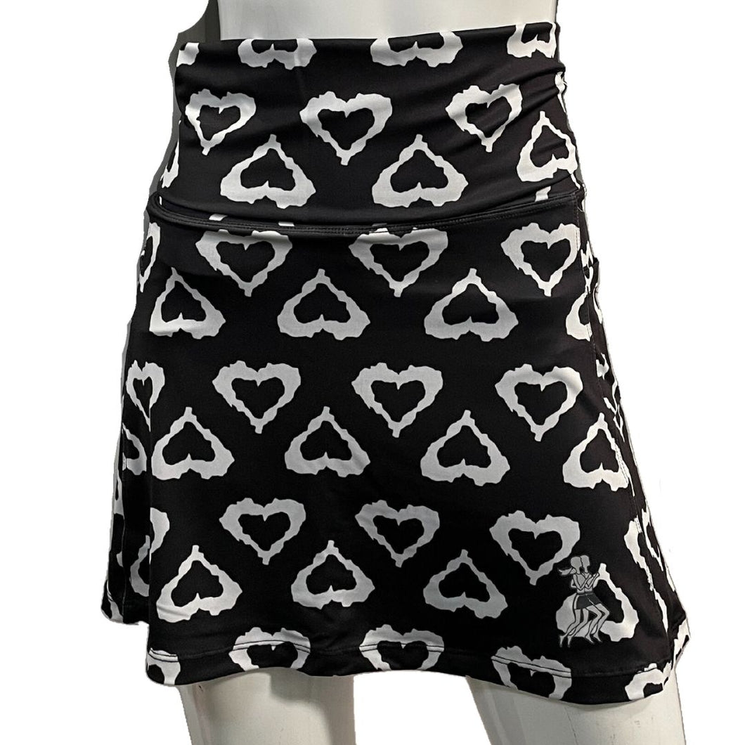 Black and White Hearts Athletic Skirt Wide Waistband