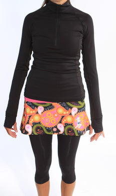 black paisley capri with black half zip pullover