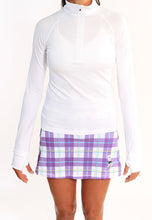 purple plaid athletic skirt white half zip