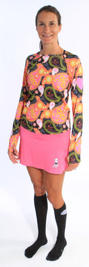 black paisley long sleeve and haute pink skirt