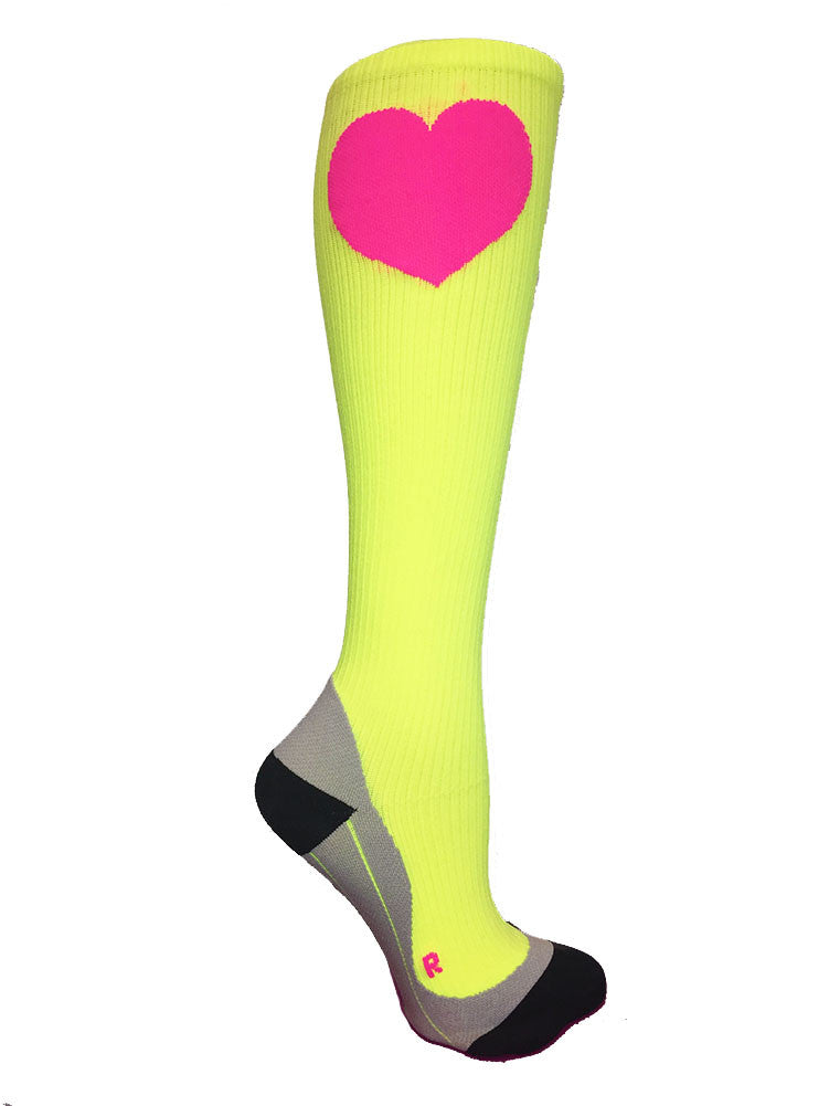 Neon Yellow Compression Socks with Hearts