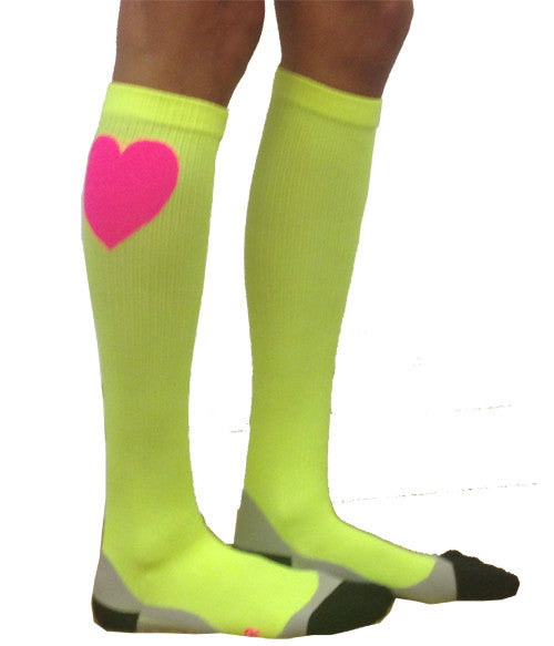Neon Citron Yellow Compression Socks for Runners with Hearts