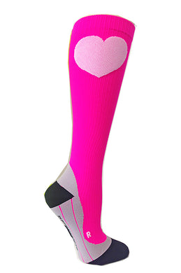 Neon Pink Compression Socks with White Hearts